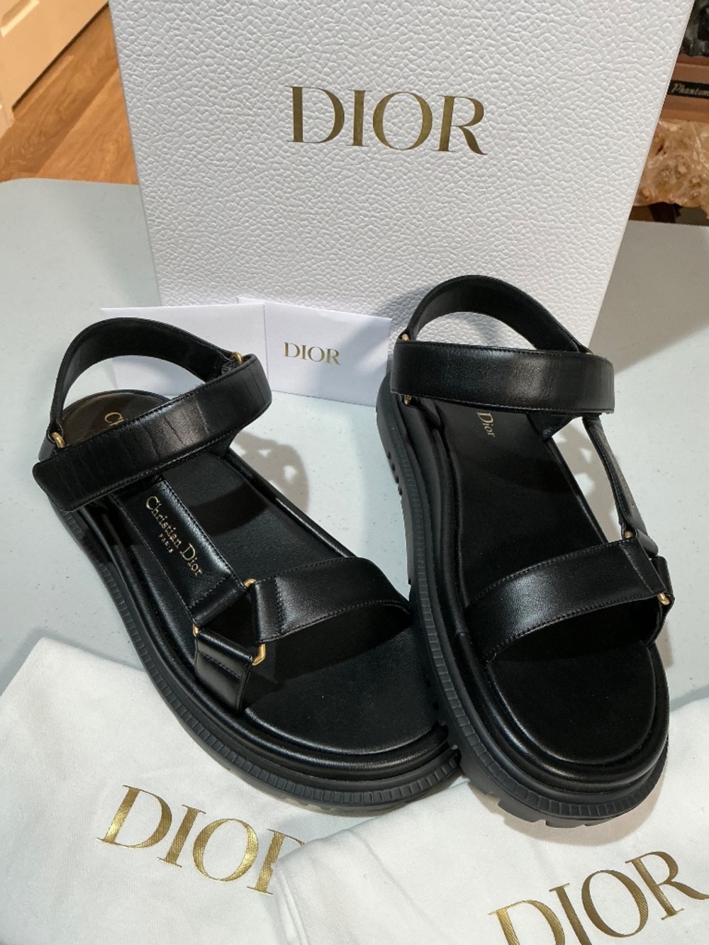 DIOR D-WAVE D black Leather Dad Flat Sandals - Picture 2 of 7